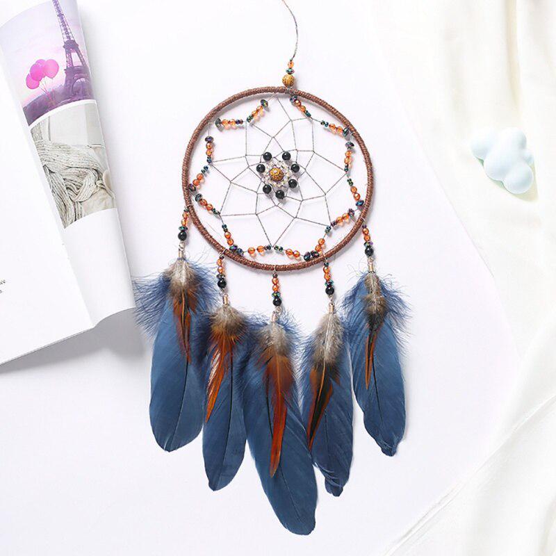 Acchiappasogni Grigio A Due Anelli 11 Cm – Fatto A Mano, Con Piume E Perline, Decorazione Da Parete Boho
