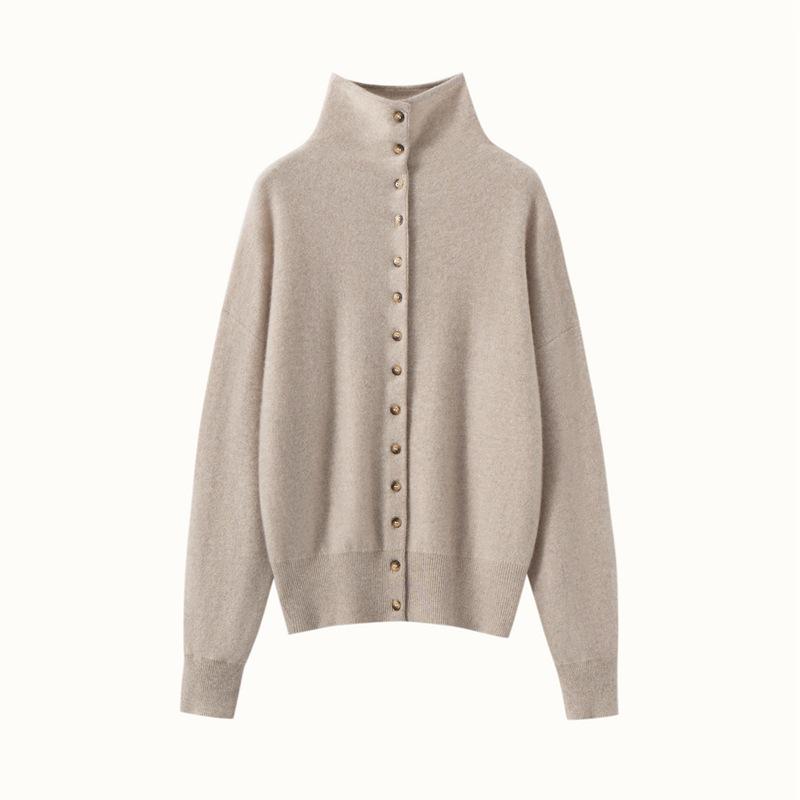 Women's Cashmere Knit Half-High Neck Cardigan - Soft, Slimming, Winter Casual Korean Style Sweater