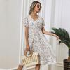 Women Floral Print Long Dress Summer Fall Casual V-neck Short Sleeve High Waist Slim A-Line S-XL