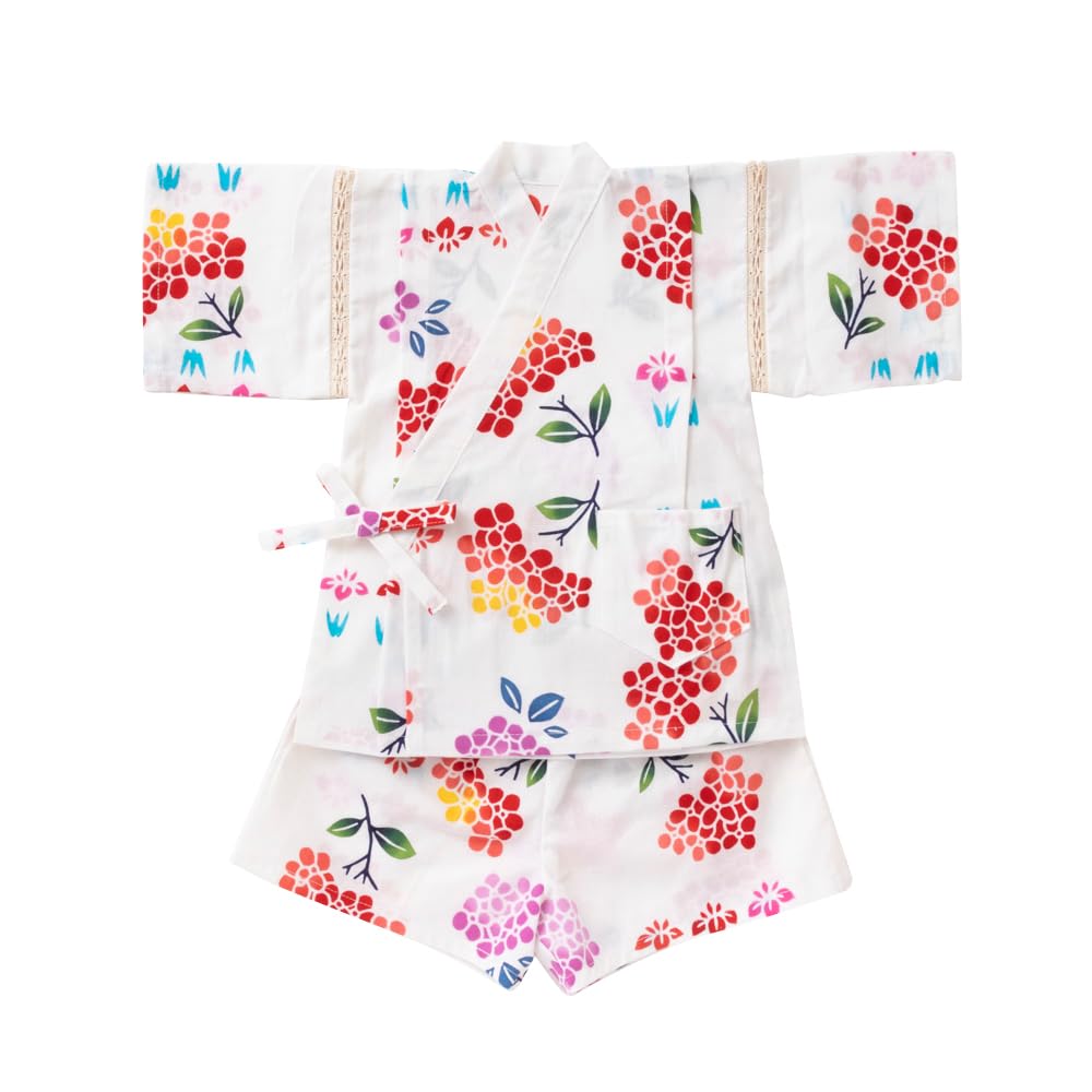 Cream de Coco Small Hydrangea Print Jinbei and Bottom for Made with Tokuoka Made in Japan Chusen-dyed (Top Set) Girls, Fabric, 100% Cotton, (80cm)