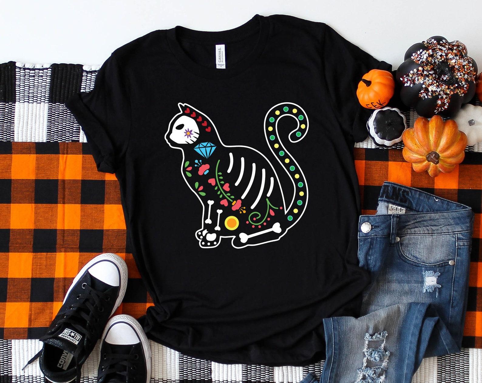 Cat Skeleton Day of the Dead Halloween T-Shirt Dia De Los Muertos M
