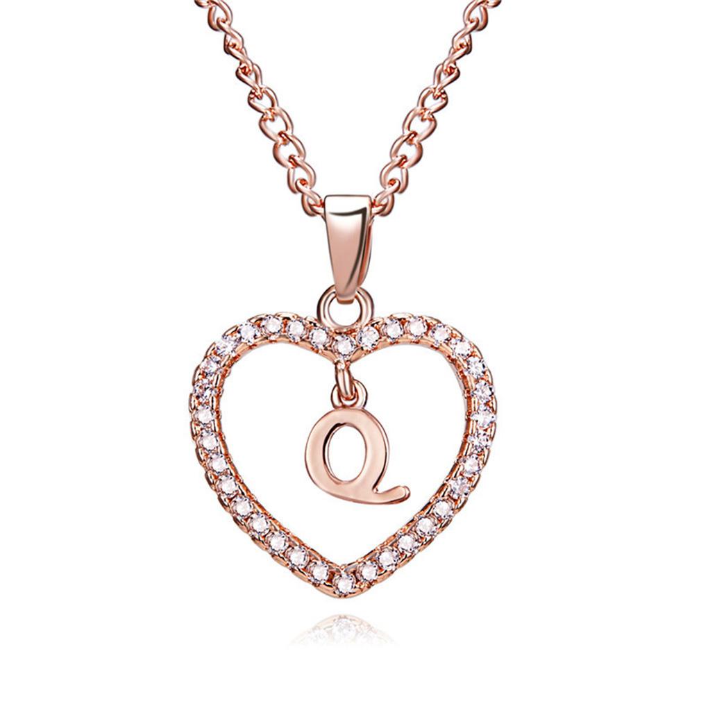 26 Letters W Heart Shape Pendant Necklace Rhinestone Rose Golden Clavicular Chain Jewelry Couple Gift