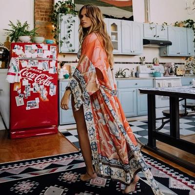 Bikini Cover-ups Pink Boho Print Self Belted Front Open Long Kimono Dress Beach Tunic Women Swim Suit Cover Up Q996