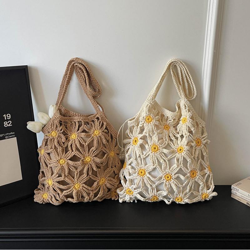 Yogodlns Neue vielseitige gewebte Stroh-Umhängetasche für Damen, handgefertigte gewebte Tasche mit Blumenmuster und Hohlmuster für Damen, Strandtasche für den Urlaub am Meer