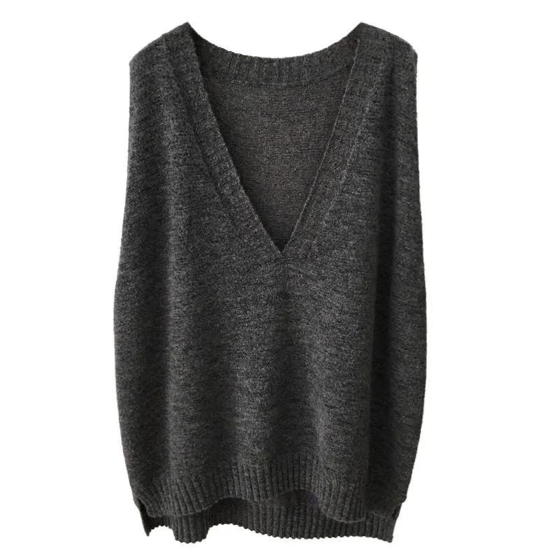 Women's Autumn Spring Vest Knitted Sleeveless V-neck Sweater Casual Loose Solid Color Sweater Vests