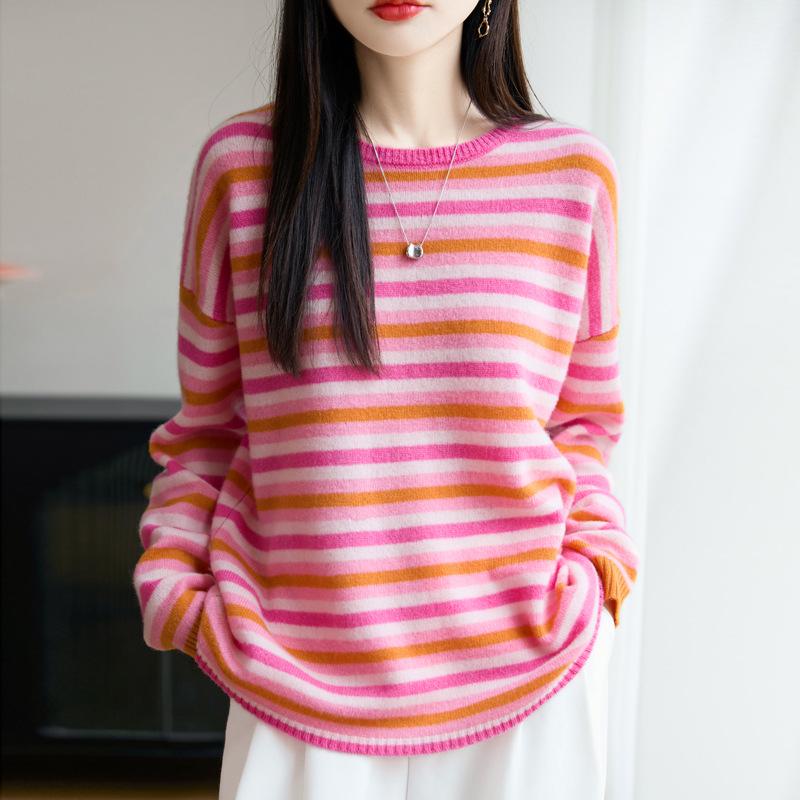 Women's Wool Striped Round Neck Pullover Sweater - Slimming, Long Sleeve Knit Top for Autumn/Winter