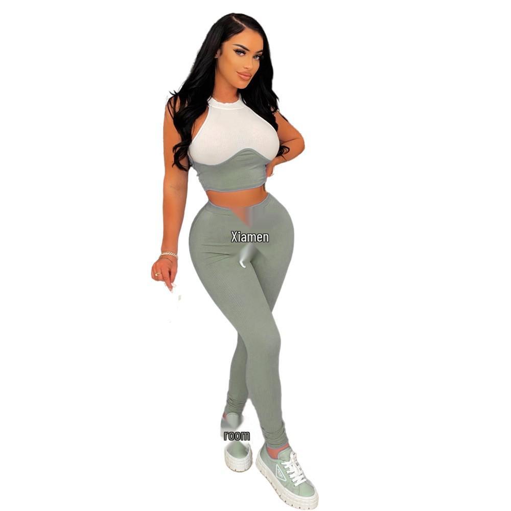 Women's European & American Sexy Ribbed Two-Piece Set: Round Neck Vest & Tie Pencil Pants