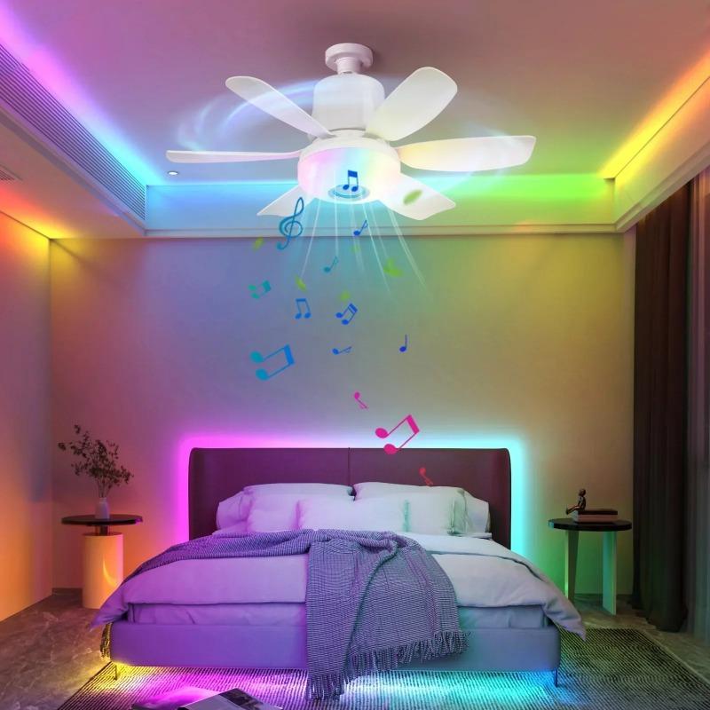 2026 New RGB Color Changing E27 Ceiling Fans with Remote Bluetooth Music 32W Led Ceiling Fan Light for Bedroom Kitchen Lighting