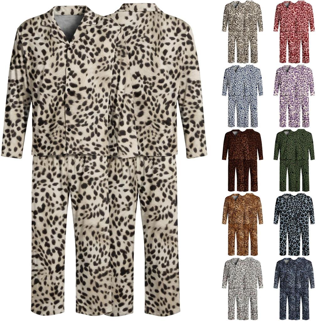 Pigiama Casual da Uomo a 2 Pezzi con Stampa Leopardo, Top con Bottoni e Vestibilità Larga, Pantaloni a Gamba Dritta