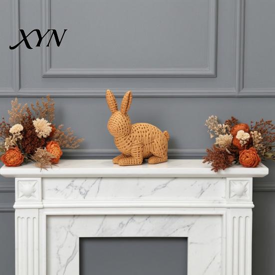 3D Printed Animal Decor Wicker?Look Bunny Figurine, Rattan Texture Rabbit Statue, Tabletop Decorative Weather Resistant Ornament for Indoor Outdoor