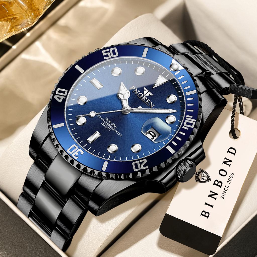 BINBOND Orginal Precise Quartz Wristwatches for Men Luxury Luminous Waterproof Auto Date Men's Watch Stainless Steel Strap Reloj