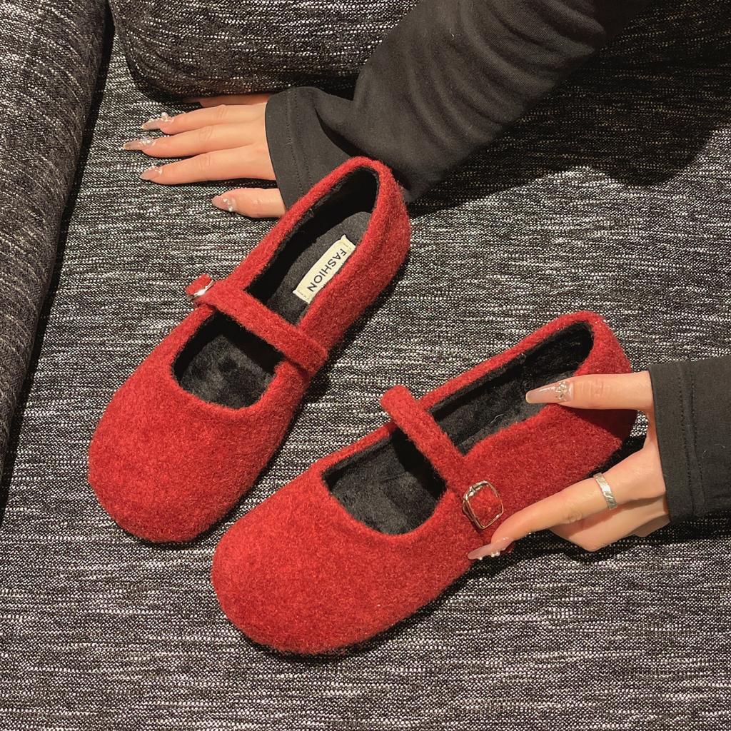 Herbst und Sommer Baumwollschuhe Koreanische Edition Französische Flache Mit Fleece Mary Jane Flauschige Schuhe Weiche Sohle Einzelne Schuhe