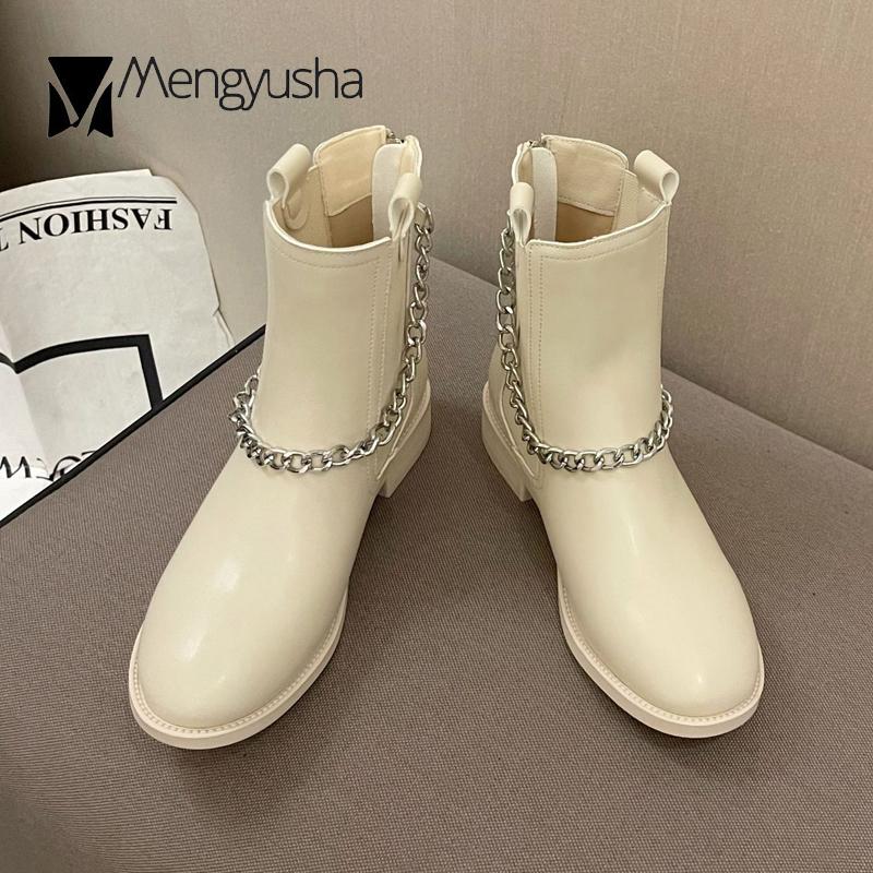 Autumn Winter Boots Woman Low Heels Mid-Calf Shoes Solid Leather