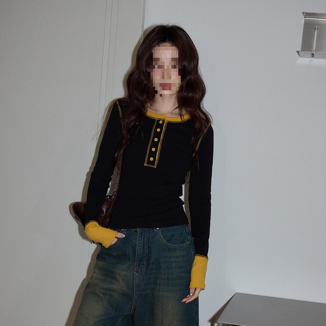 2025 Осень Женская Черная Лоскутная Футболка с Круглым Вырезом, Облегающая, с Длинным Рукавом S