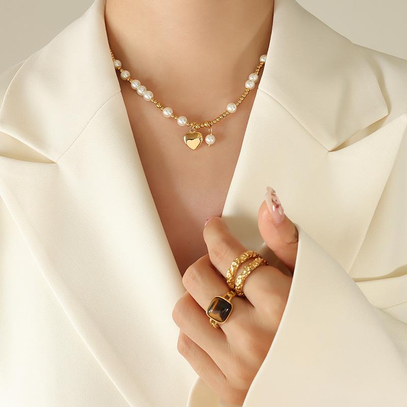 Handmade Heart Pendant Necklace with Faux Pearl & Gold-Plated Titanium Steel for Women's Fashion