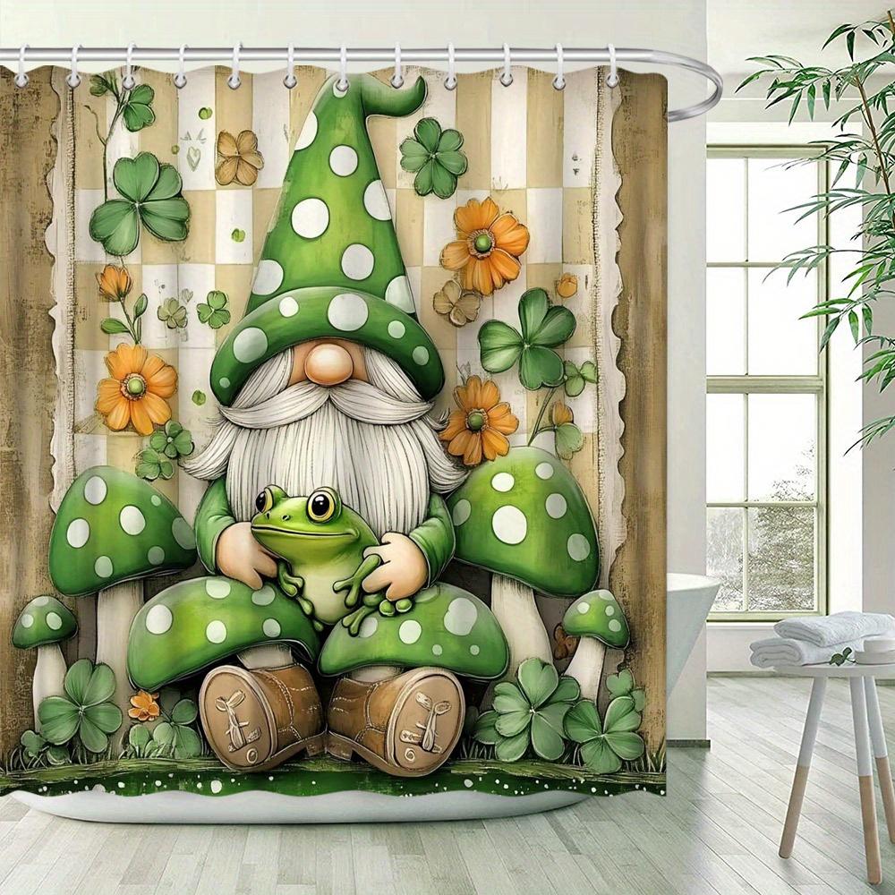 Charming Gnome Shower Curtain -Waterproof,Mildew-Resistant With Frog And Mushroom Design For Whimsical And Nature-Inspired Decor