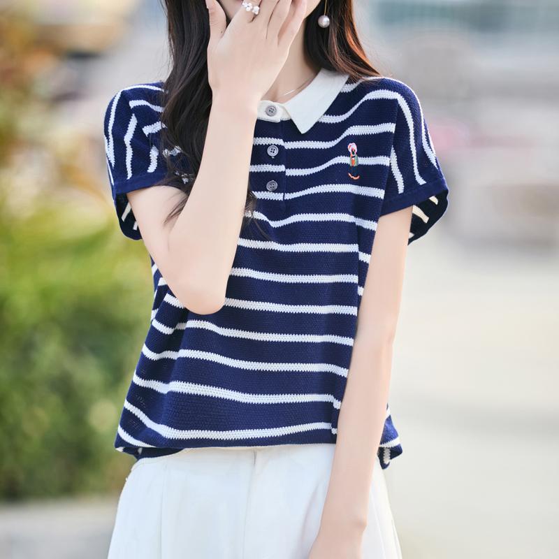 Women Knit T-shirt 100% Wool MODERN NEW SAGA Summer Knitted Shirt Short Sleeve Tees Turn-down Collar Patchwork Pullover Knit Tops