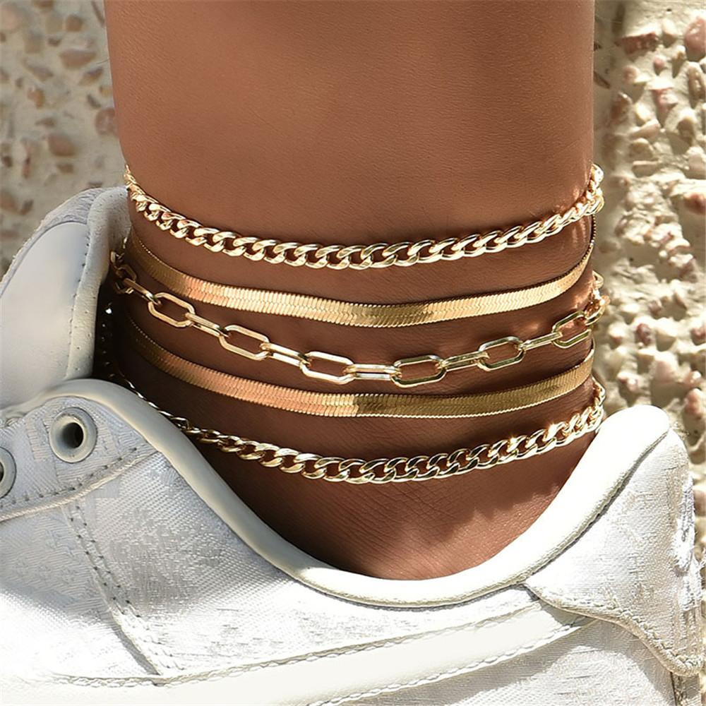 

New Geometric Multi-layered Beach Boho Beaded Gold Color Snake Chain Anklet Wholesale Summer Handmade Anklet Zircon Party Gift