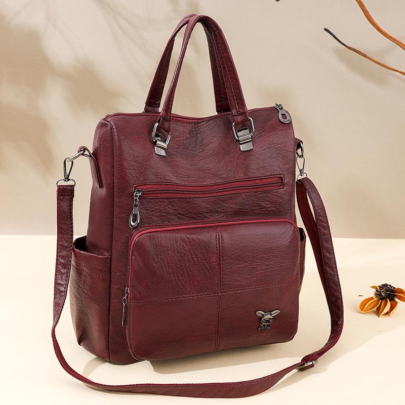 

Многофункциональный рюкзак из мягкой кожи, женская новая трендовая женская сумка большой вместимости, простой повседневный женский рюкзак красный