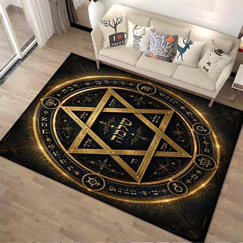 Estrella de David Dorada con Símbolos Hebreos Alfombra Antideslizante Adecuada para Sofás de Sala de Estar y Dormitorio