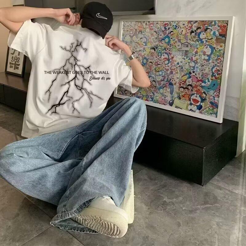Maglietta alla moda da uomo con stampa a lettere, girocollo, maniche corte, per l'estate, ins, top casual ampio