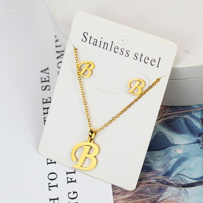 Stainless Steel Letter Necklace Bracelet Earring Zircon Set for Women Alphabet Pendant Necklace Party Gift