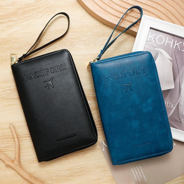 Men Women RFID Blocking Leather Passport Holder Travel Wallet Zip Around Passport Cover Document Organizer with Card Slots Wrist Strap