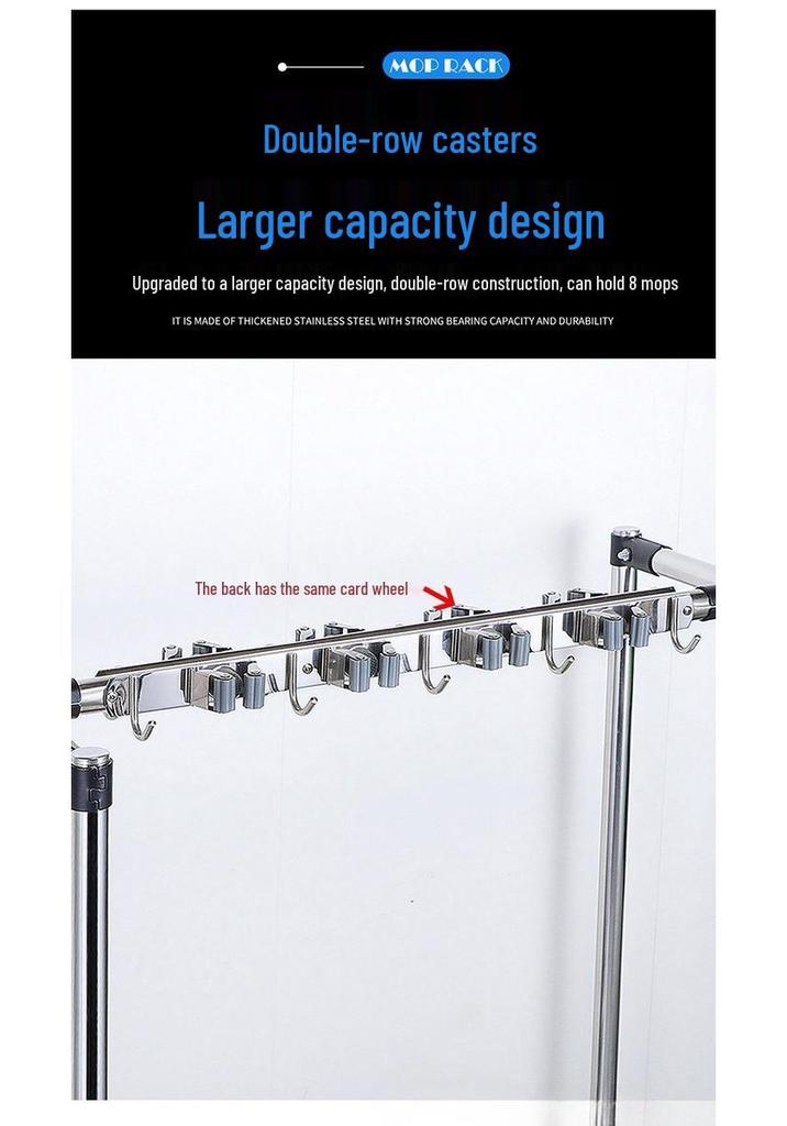 Stainless Steel Movable Mop and Broom Storage Rack for Commercial Hotel Linen Cart.