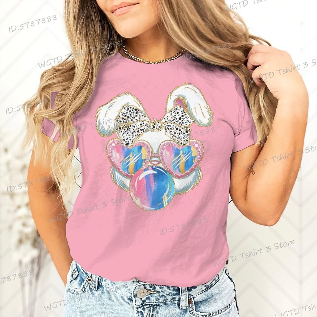 Glitter Easter Bunny Coquette Bow Classic Top Girls Funny Easter Bunnie Sunglasses Holiday Tshirts Easter Day Retro T Shirts