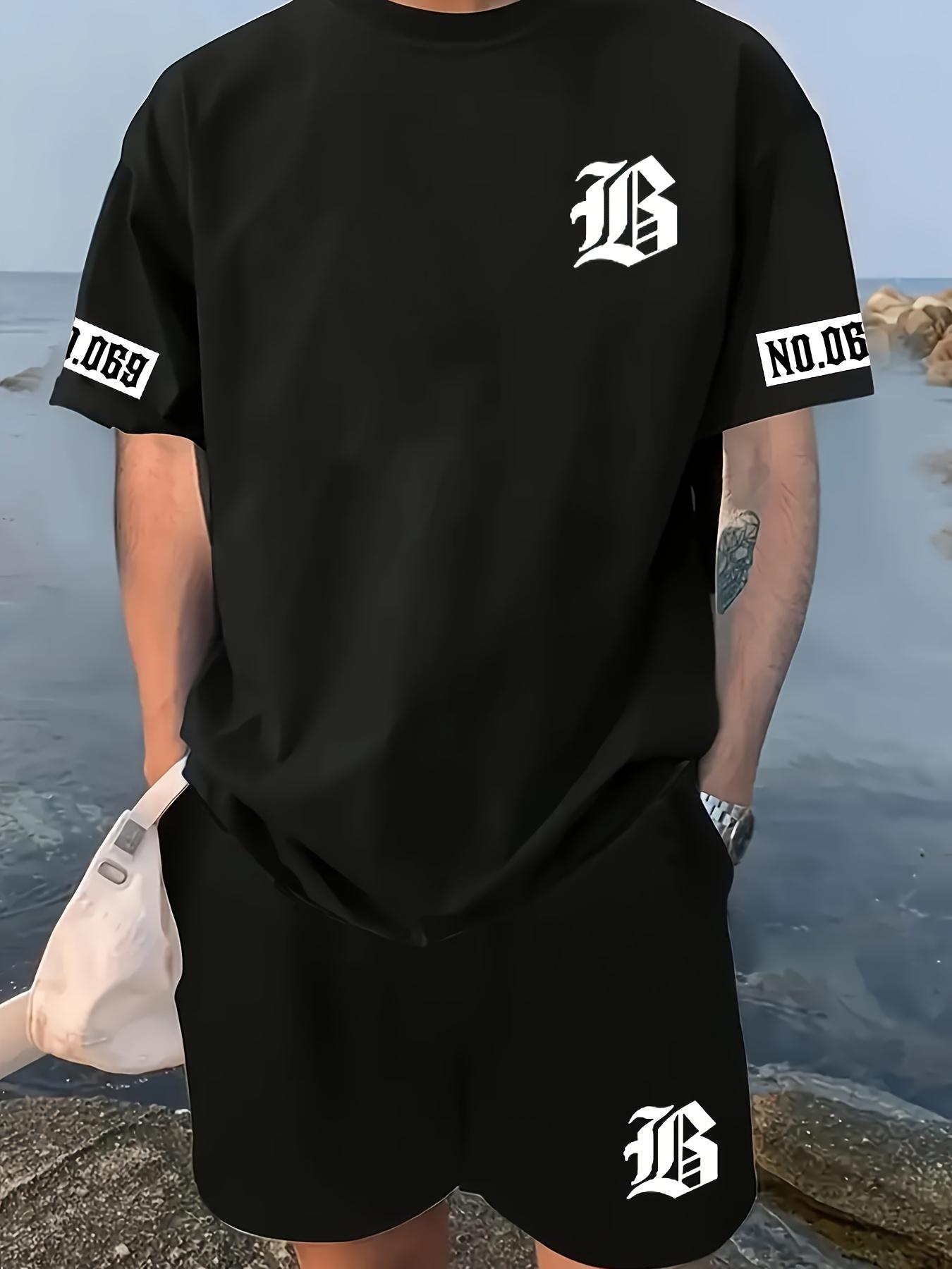 

2025 Лето новый мужской комплект с принтом букв, повседневная мода, шорты с коротким рукавом, спортивная одежда для повседневной носки для мужчин 6XL