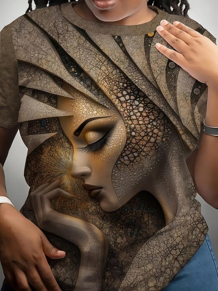 Vintage African Woman 3D Print T-Shirt for Women Retro Art Graphic Tee Casual Crew Neck Short Sleeve Summer Top Plus Size Tees