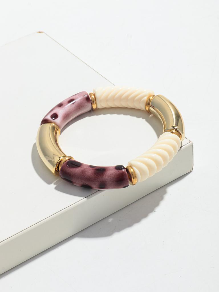 New Acrylic Bamboo Curved Tube Couple Bracelets for Women Men Leopard Resin Chunky Elbow Beads Elastic Bangle Stack Jewelry Gift