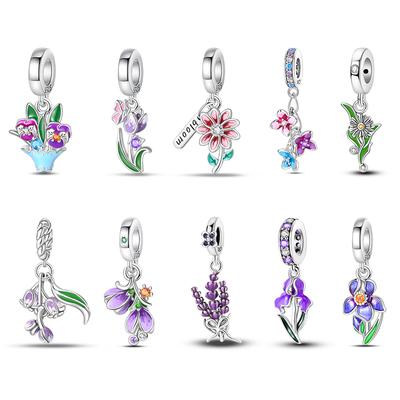 Nuovi Charm in Argento S925 Colore Margherita Tulipano Viola del Pensiero a Forma di Fiore Perline Adatti Bracciali Originali S925 Gioielli Fai da Te Raffinati Regalo di Compleanno