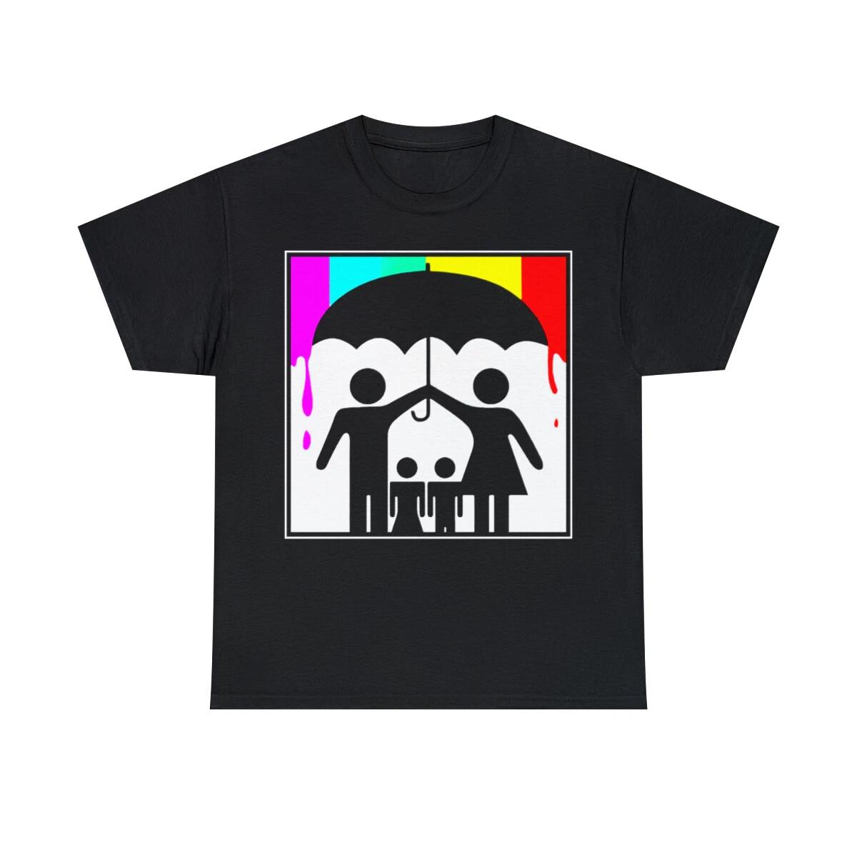 

Protecting children with an umbrella from raining rainbows Short Sleeve Tee 4XL