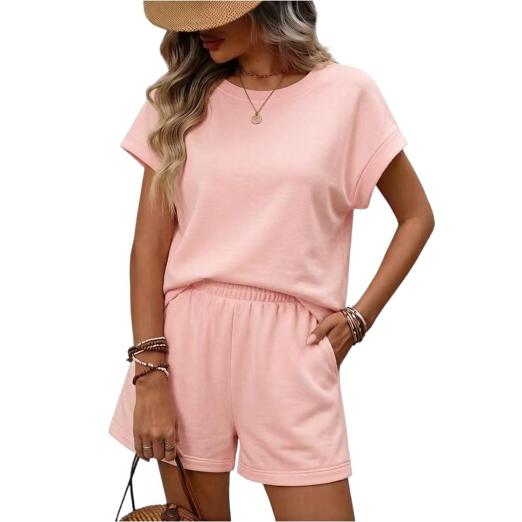 Conjunto de Dos Piezas para Mujer: Top de Manga Corta Holgado y Shorts, Atuendo Casual de Verano, Tejido Suave, Estilo Relajado, Ropa de Casa para el Uso Diario