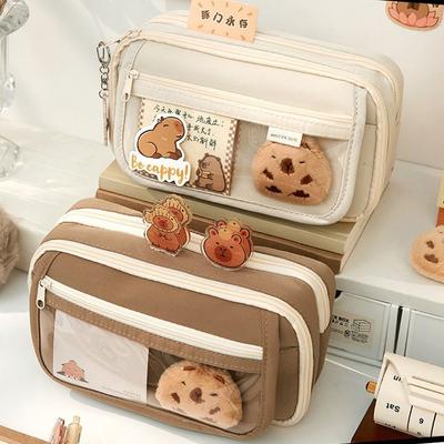 Large Capacity Vintage Oxford Pencil Bag Cloth Cosmetic Storage Bag Retro Solid Color Student Stationery School Supplies