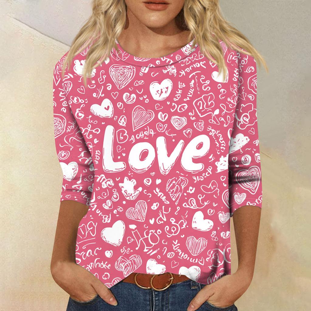 Damen Modisches Lässiges Dreiviertelarm Valentinstag-Druck Rundhals Pullover-Oberteil