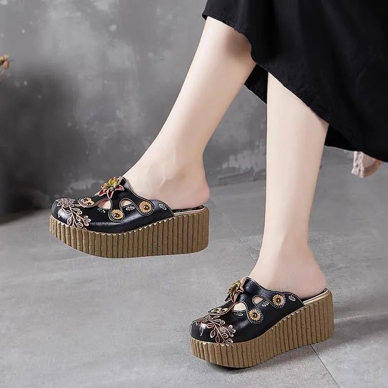 Fashion GKTINOO 2025 Wedge Slides Shoes Women Cover Toes High Heels Flower Sandals Summer Female Genuine Leather Platform Slippers