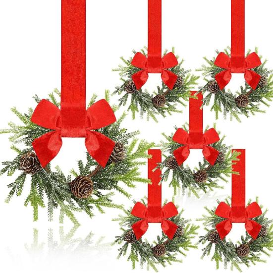 6 Pcs 6 Inch Christmas Mini Cabinet Wreaths Small Artificial Cedar Wreath with Ribbon Bow Pinecone Berry for Front Door Window Farmhouse Home