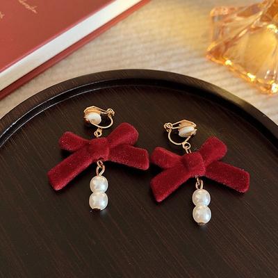 Red Flocked Fabric Bowknot Flower Clip On Earrings Without Pierced Women's Party Festival Elegant Cuff Earrings Ear Clip