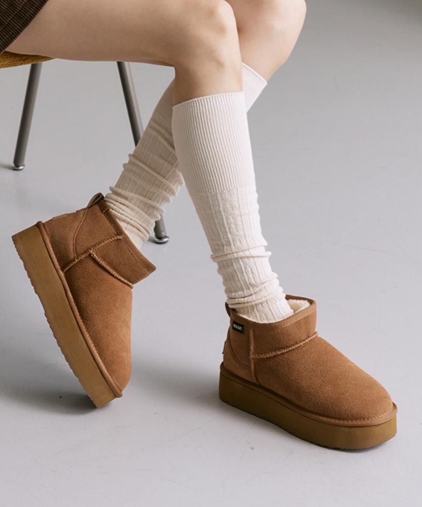 Mogaus Leather Fur Genuine Cowhide Platform Mini Boots 2 Colors