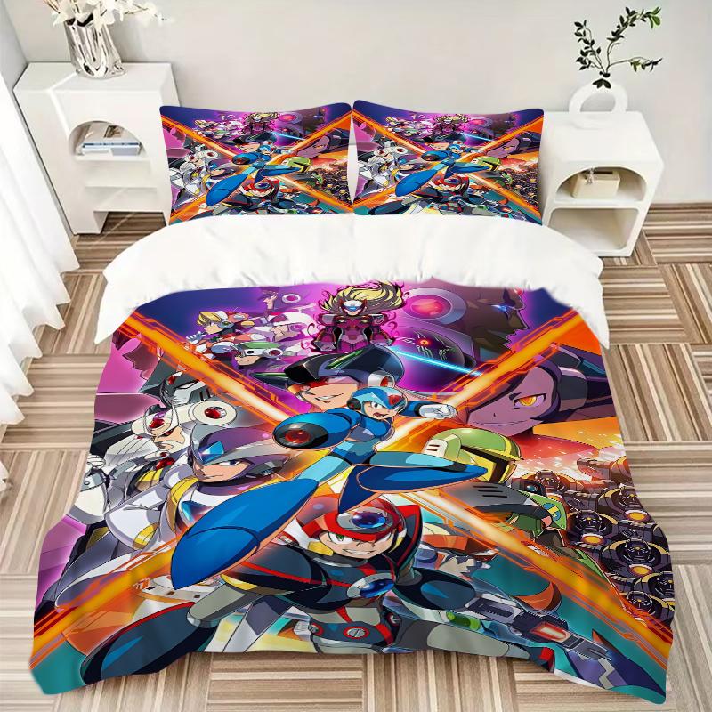 3Pcs Megaman Power Light Bedding Set Soft Fabric Duvet Cover Pillowcases Home Christmas Xmas Halloween Gift 1 Duvet Cover 2 Pillowcase N1327