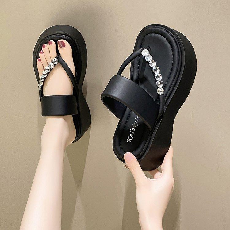 Women's Fashion Hick Soled Summer Wedges Flip Flops Sandals 2025 New Non Slip Rhinestone Slippers Women Soft Bottom Beach Shoes