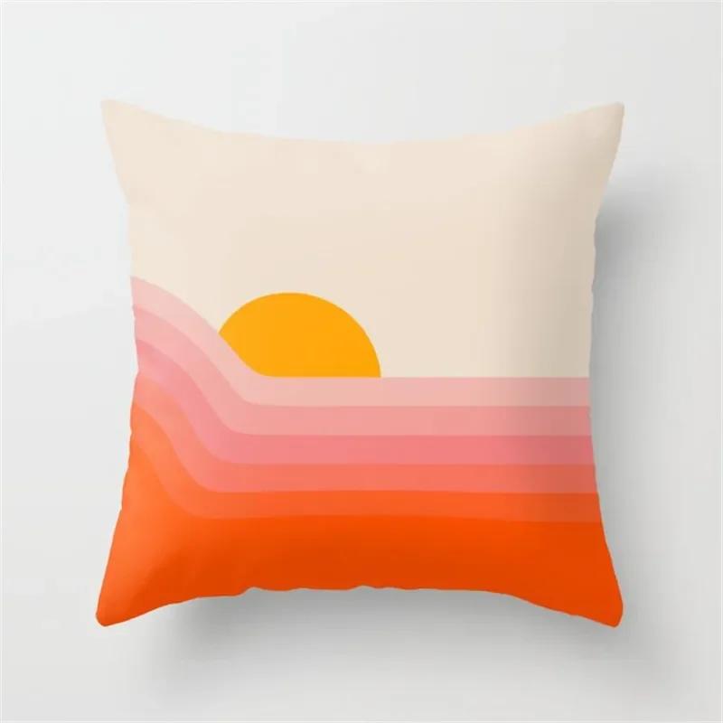 Vibrant Orange Rainbow Sunset Print Pillow Cover Abstract Geometric Lines   Sofa Car Office Cushion  Home Decor