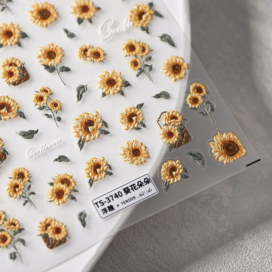 1 Pc 5D Sunflower Nail Stickers Rose Daisy Cherry Blossom Self-adhesive Nail Art Stickers Oil Painting Decorative Sticker