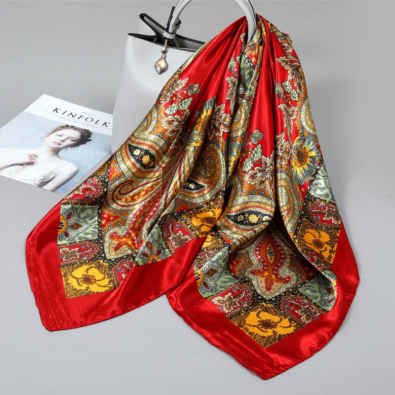 S 90*90Cm Square Silk Scarves Women Hijab Shawls Fashion Print Femme Head Scarf Foulard Bandana Beach Pareo