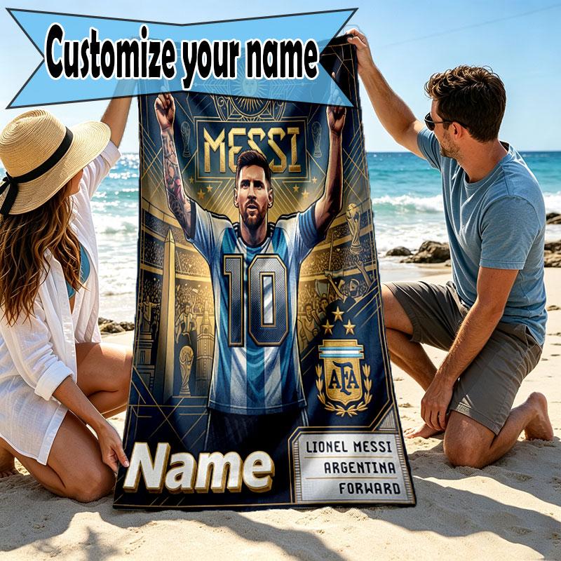 Serviette de plage personnalisée avec nom, impression Leo Messi, pour voyage, camping, fête à la plage, décoration intérieure, cadeau d'anniversaire pour la famille et les amis