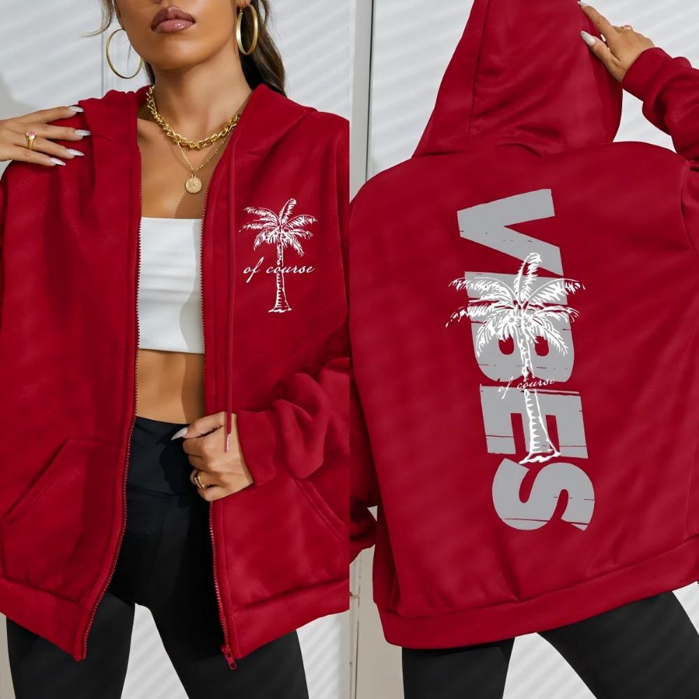 Summer Beach Vibes Coconut Tree Prints Women Zipper Hoodie Fashion Loose Hoody Soft Casual Sportswear Autumn Clothing
