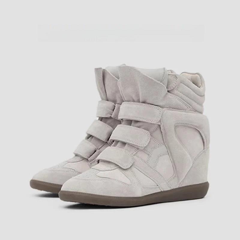 Damen Leder High Top Sneaker mit Klettverschluss Lässige Sportschuhe Innenerhöhung 8CM Herbst Neuer Stil Runde Zehenpartie Gummisohle