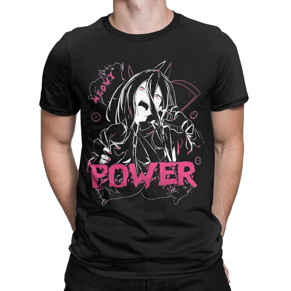 Funny Power Blood Devil Meowy Manga Anime T-Shirt Men's Cotton Short Sleeve Chainsaw Man Round Neck Summer Tops